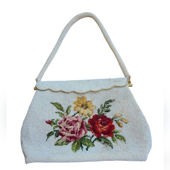 Vintage Beaded Handbag Purse bag, seed pearls needlepoint floral - Picture 1 of 10